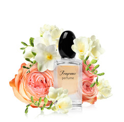 Bottle of luxury perfume and beautiful flowers on white background