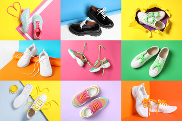 Stylish shoes with bright laces on different color backgrounds, collage