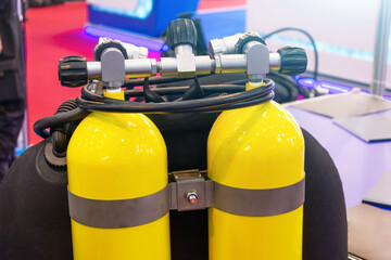 Oxygen cylinders and scuba diving equipment on the diver's back.