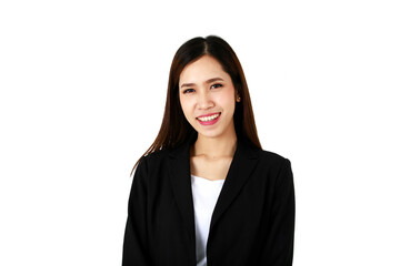 Asian young long brown hair successful beautiful female businesswoman wears black formal suit with pants and white inner shirt stand smile happily in white background