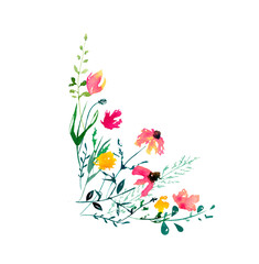 Beautiful, tender, cute and minimalistic border corner watercolor meadow bouquet suitable for greeting cards, posters, magazine illustrations, business cards and logos. Made in colorful style.