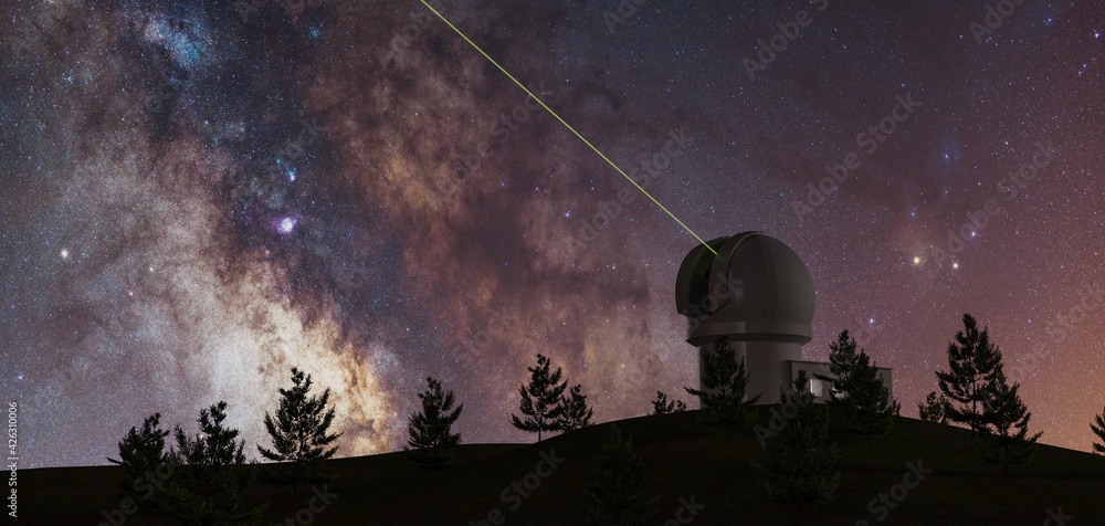 Wall mural milky way with large telescope on the horizon and pine trees