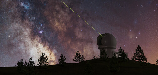 milky way with large telescope on the horizon and pine trees - obrazy, fototapety, plakaty