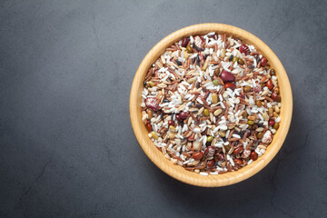 A bowl of eight treasure rice. Top view