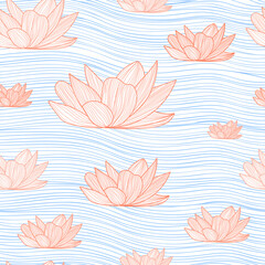 Colorful lotus on water line art seamless pattern for print or textile, japanese style and vibes, ornate