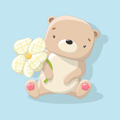 Obraz na płótnie Canvas Funny cartoon cute bear with a flower on blue background. Isolated kids toys. EPS 10. Hand Drawn Children's illustrations