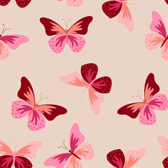 Fototapeta premium Spring seamless pattern design for wrapping paper, stationery, textiles.Vector illustrated. Multicolored butterflies on a beige background. Minimalistic pattern.