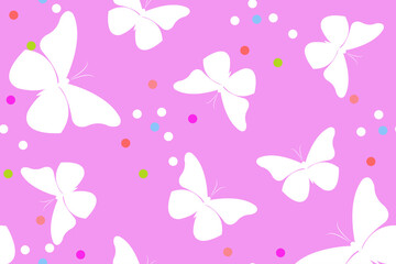 Spring seamless pattern design for wrapping paper, stationery, textiles.Vector illustrated. White butterflies on a neon pink background with colorful drops . Minimalistic pattern.