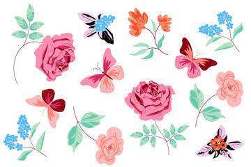 Variety of multicolour flowers. Vector illustration for web, app and print. Elegant floristic isolated roses, peonies flowers, butterflies. Garden, botanical, minimalistic modern floral set.