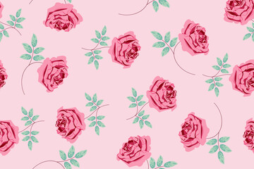 Spring flower pattern. Seamless pattern design for wrapping paper, stationery, textiles. Vector illustrated nerds. Roses on a pink background . Modern floral pattern.