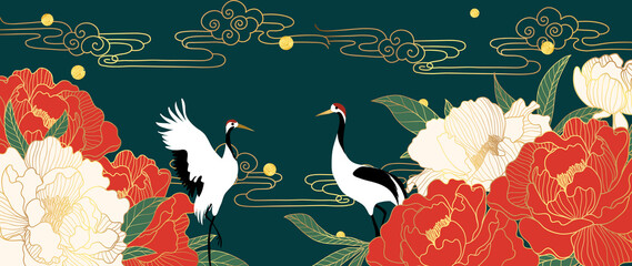 Luxury gold oriental style background vector. Japanese , Chinese oriental line art with red flower and golden texture, Swan bird and sun. Natural Wall arts for print and home decor.