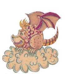 Funny cartoon dragon sitting on the cloud. Pen marker illustration.