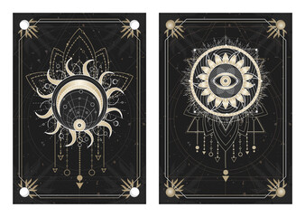 Vector dark illustrations with sacred geometry symbols, grunge textures and frames. Images in black, white and gold.