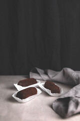 Chocolate brownie cake, dessert on dark background