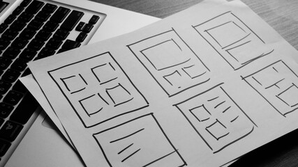 UX mobile application wireframe. Sketch, prototype, framework, layout future app design project.