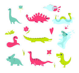 Hand drawn dinosaurs, tropical leaves and flowers. Cute dino design elements. Vector illustration.