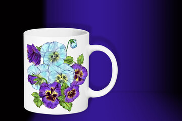White mug with a bouquet of flowers close-up on a colored background. 3D rendering. Illustration on the topic: "Tea party". Decorative background.