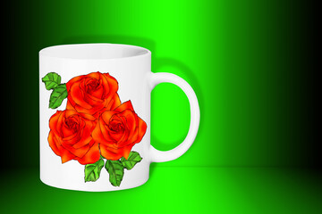 White mug with a bouquet of flowers close-up on a colored background. 3D rendering. Illustration on the topic: 