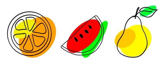 Flying slices of fruit: orange, pear and watermelon. Hand drawing illustration, isolated, White background.