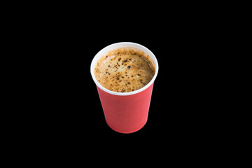 Coffee to go in a paper cup without a lid on a black background copy space top and side view