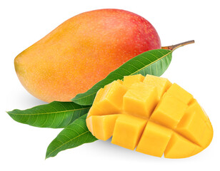 Fresh Mango with leaf on white background, Red mango isolated on white background. With clipping path.