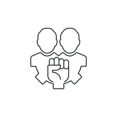 Brotherhood. Strong together. The raised fist is a symbol of a united community. Vector linear icon isolated on white background.