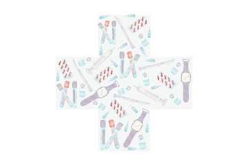 Silhouette of a medical cross made of a syringe, scalpel, test tubes, ampoules, clock on a white background, decorative element