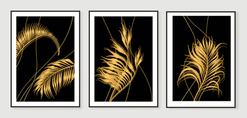 Luxury gold leaves wallpaper. Black and golden background. Wall art design with shiny golden palm leaves. Modern art mural wallpaper. Vector illustration.