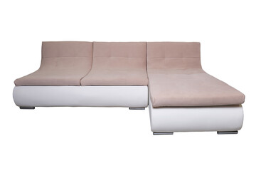 modern leather sofa with beige fabric cushions isolated on white background