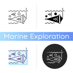 Zooplankton net icon. Equipment used for collecting samples of plankton in standing bodies of water. Linear black and RGB color styles. Isolated vector illustrations