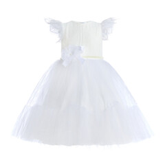 White dress for a girl with a full skirt on a white background in the style of a Bridesmaid. Children's clothing
