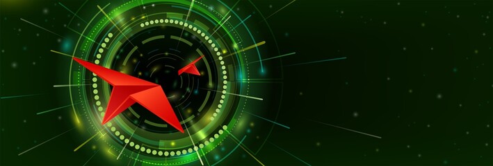 Red paper plane speed competition to aim for success goal, Abstract technology green background, Futuristic concept