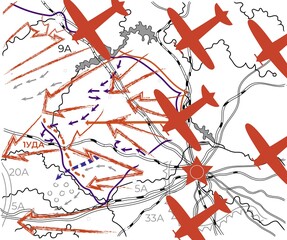 Map of the World War 2 offensive of the Red Army and flying planes