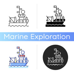Research vessel icon. Ship or boat designed and equipped to carry out research at sea or ocean. Carry out number of roles. Linear black and RGB color styles. Isolated vector illustrations