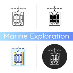 Water sampler icon. Water sampling devices. Bucket dropped over side of boat. Large water bottles sent into ocean on wire. Linear black and RGB color styles. Isolated vector illustrations