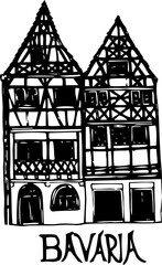 Buildings facade front view. Doodle black and white illustration. Bavarian typical architecture. vintage European homes. shops and cafes of the old city buildings