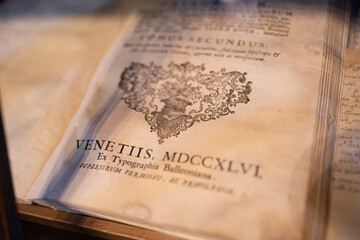 Old book with Latin texts. Vintage, object, words, symbols