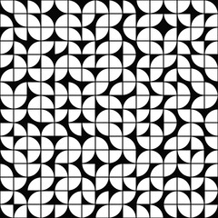 Monochrome ornament with quarters of circle. Vector white decor elements and black background.