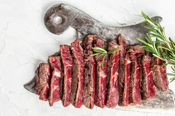 grilled steak over meat butcher knife. banner, menu recipe place for text, top view