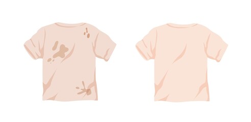 Dirty untidy tshirt with stains and neat clean t-shirt isolated on white background. Fresh cotton clothes with removed mud and ink spots. Soiled and tidy washed garment. Flat vector illustration - obrazy, fototapety, plakaty
