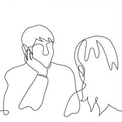 man admires a woman, he looking at her face while sitting at a table opposite - one line drawing. lover man props chin with hand while sitting at a table with a woman with long hair