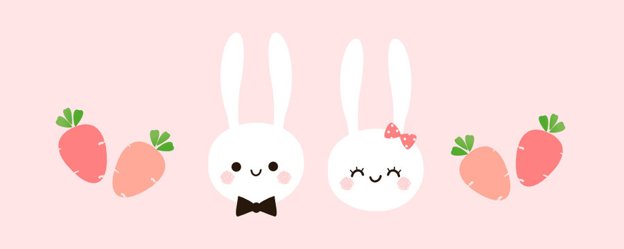 Easter bunny with pink carrot icons on pink background vector illustration. Easter day.