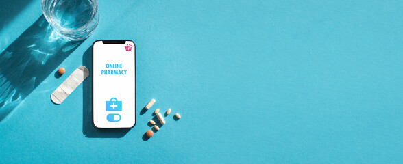 Header showing a phone with an Online Pharmacy order next to Medication - obrazy, fototapety, plakaty