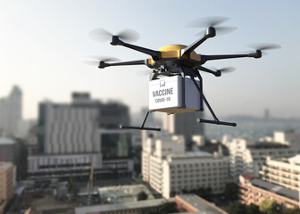 Robot drone delivery packages containing COVID-19 vaccine