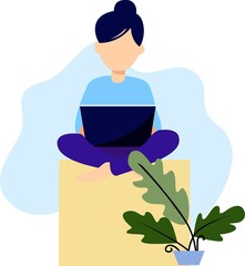 Woman with laptop sitting. Concept illustration for working, freelancing, studying, education, work from home. 