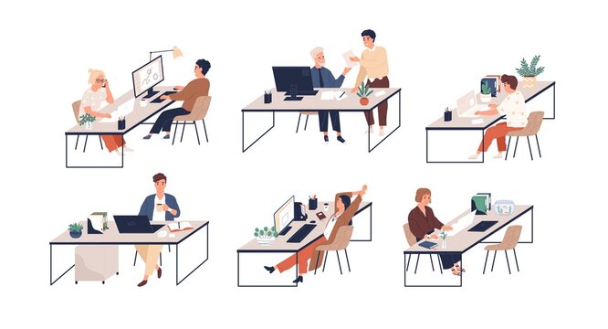 Set of people working with laptops and computers at modern office desks. Male and female employees at workplaces. Colored flat vector illustration of busy men and women isolated on white background