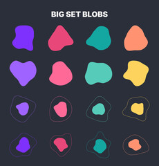 Big Set 24 Blobs, colorful bubble shape, set for background, geometric simple, liquid flat blob for label ad copy space, fluid spot template for graphic