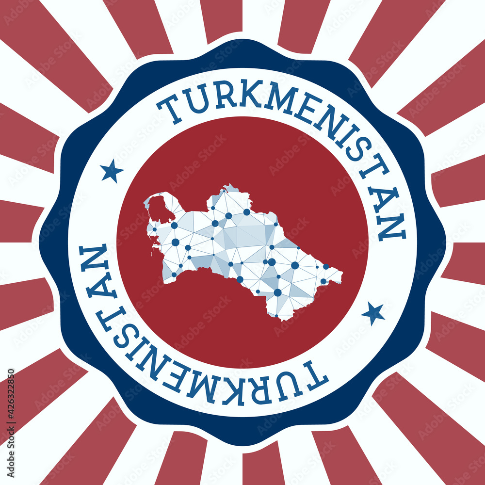 Poster turkmenistan badge. round logo of country with triangular mesh map and radial rays. eps10 vector.