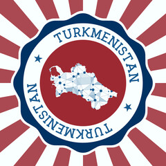 Turkmenistan Badge. Round logo of country with triangular mesh map and radial rays. EPS10 Vector.