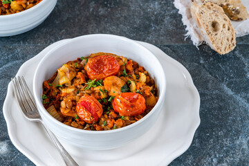Chorizo, lentil and prawn stew